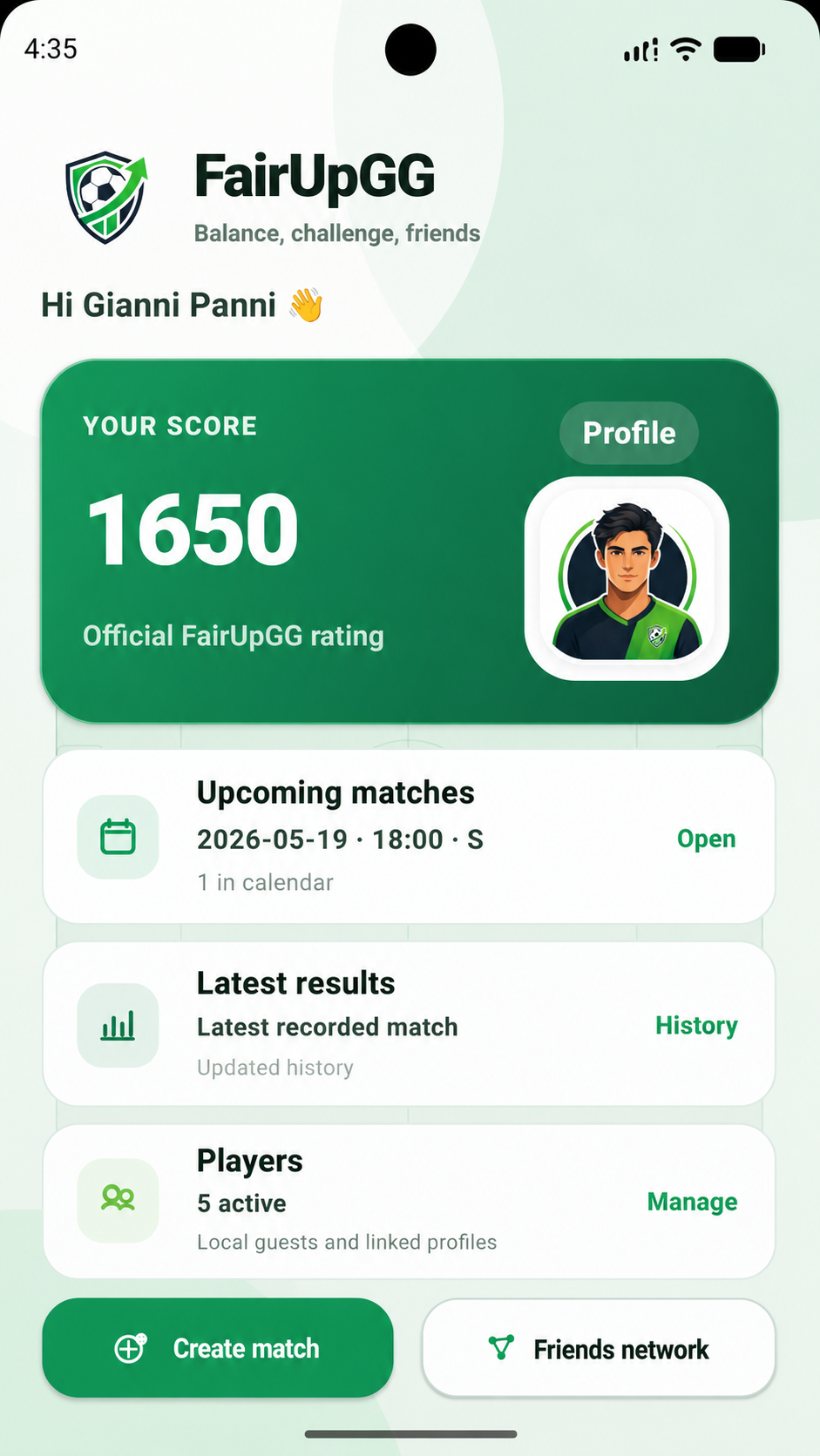 FairUpGG app demo screen with rating, upcoming matches, latest results, players and friends network